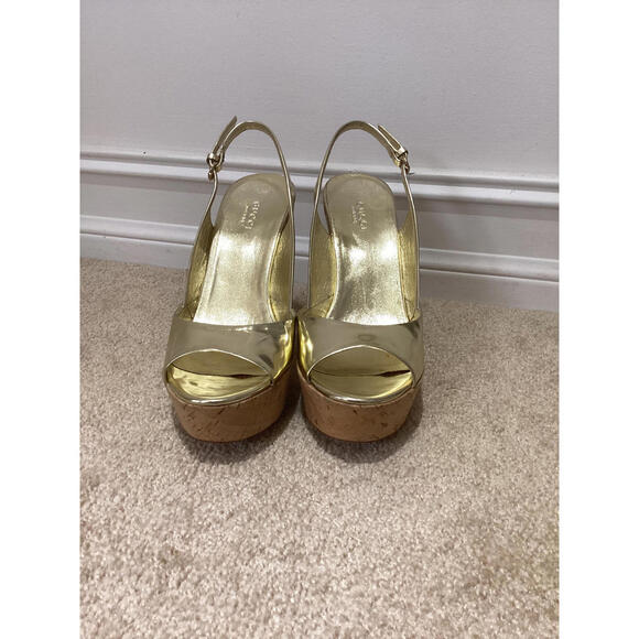 Gucci Gold Leather Cork Platform Heels - Picture 1 of 6